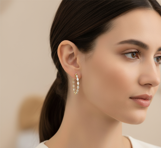 14K Gold Plated Silver Marquise Moissanite Hoop Earrings | Prong Set Diamond Alternative Hoops | Available in 26.5mm (3CTW) & 38mm (6CTW)