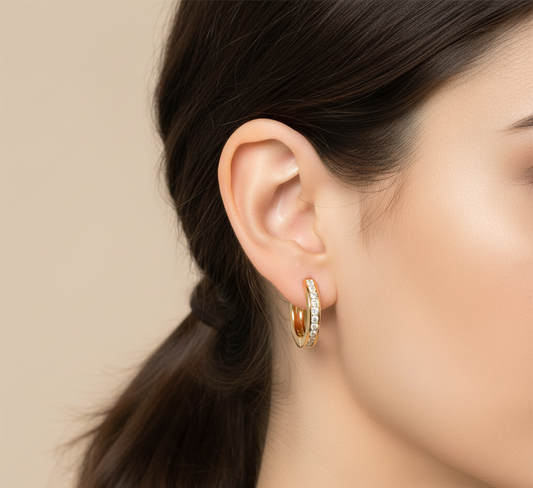 14K Gold Huggie Earrings, Lab Diamond Channel Set 18MM Hoop, Minimalist Bride Gift |Ideal for holiday season, Metal Option Available