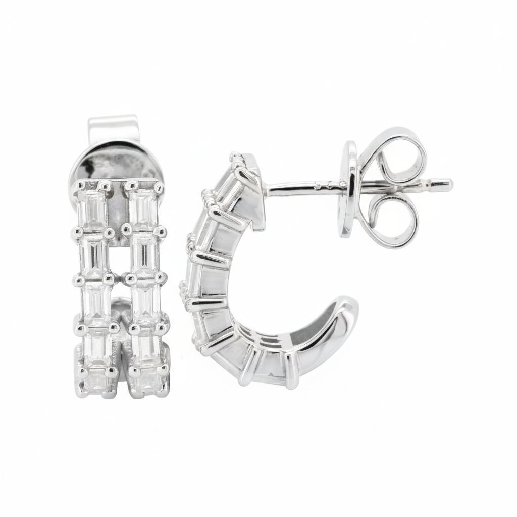 Baguette Moissanite Huggie, 14K Gold Plated Silver 1CTW Prong Set Diamond Alternative, 12MM Small Earrings, Gift for Her