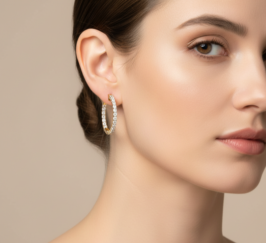 Brilliant Cut Moissanite Inside-Out Circular Hoop Earrings | 14K Gold Plated Silver Eternity Hoops | Dainty Diamond | Size- 27MM & 29MM