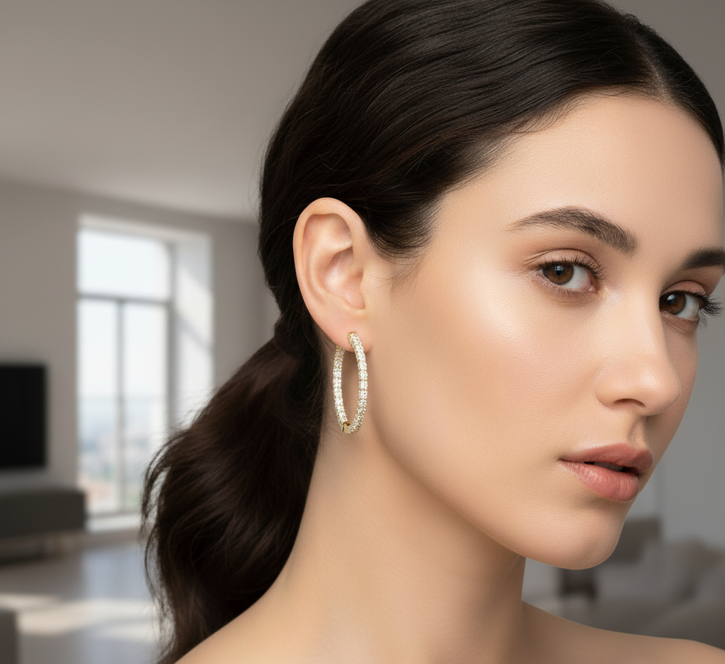 Brilliant Cut Moissanite Inside-Out Circular Hoop Earrings | 14K Gold Plated Silver Eternity Hoops | Dainty Diamond | Size- 27MM & 29MM