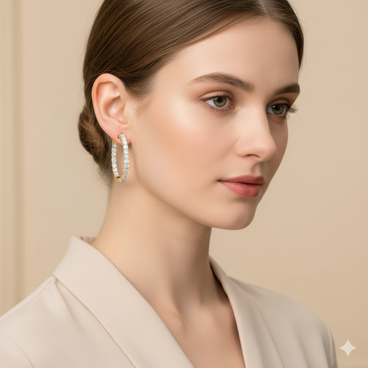 Dazzling Oval Shape | Moissanite Hoop Earrings | 14K Gold Plated Silver | Prong Set Diamond Alternative Hoops | Available in 27 MM & 31 MM