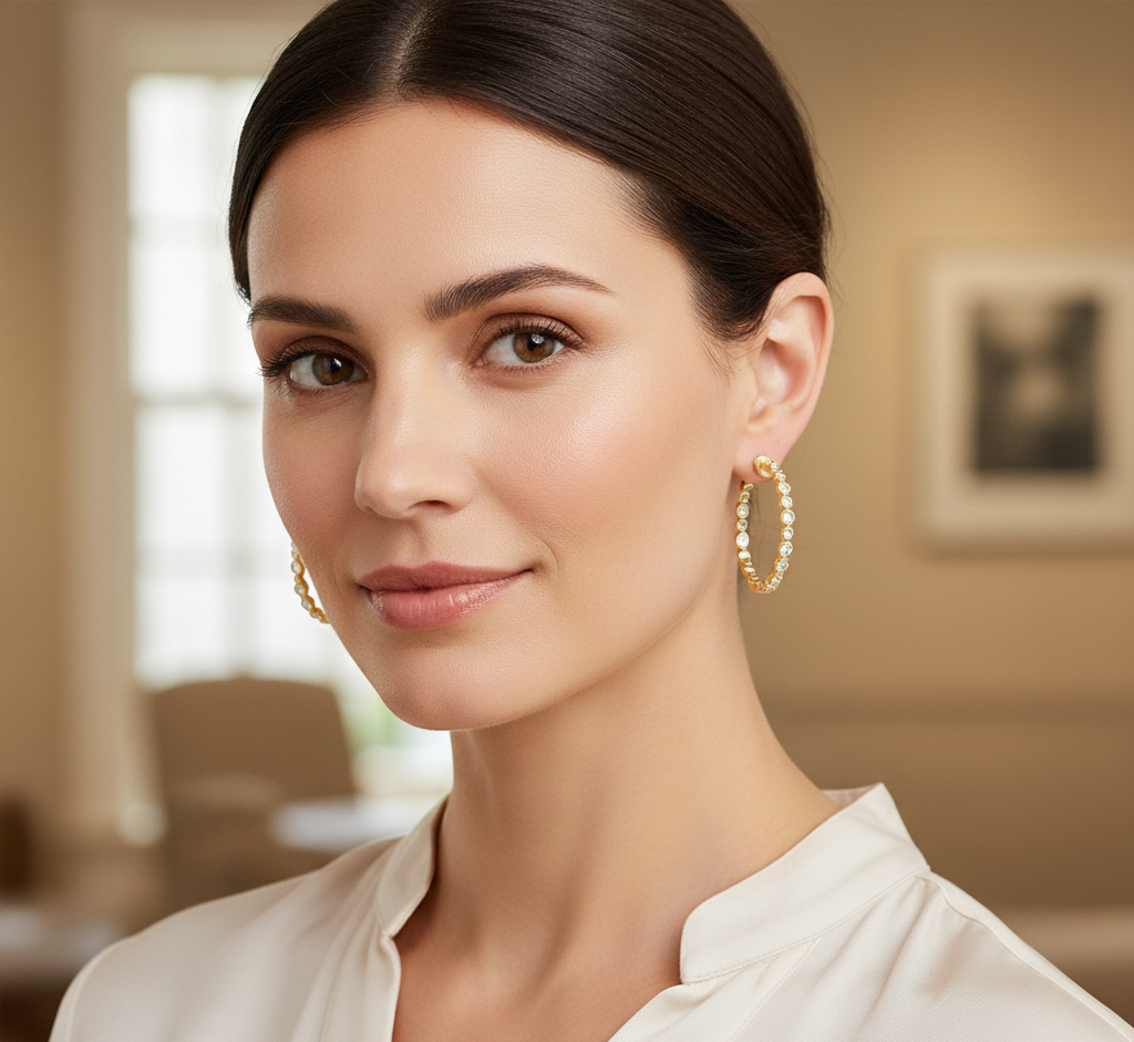 14K Gold Plated Silver Hoop | 1 CTW Moissanite Bezel Set | Dainty Diamond Look Earrings | Gift for Her | Everyday Jewelry