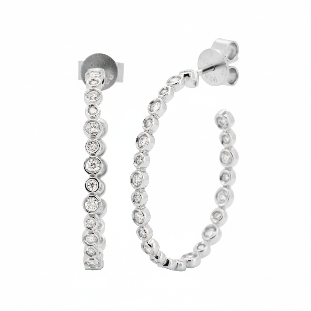 14K Gold Plated Silver Hoop | 1 CTW Moissanite Bezel Set | Dainty Diamond Look Earrings | Gift for Her | Everyday Jewelry