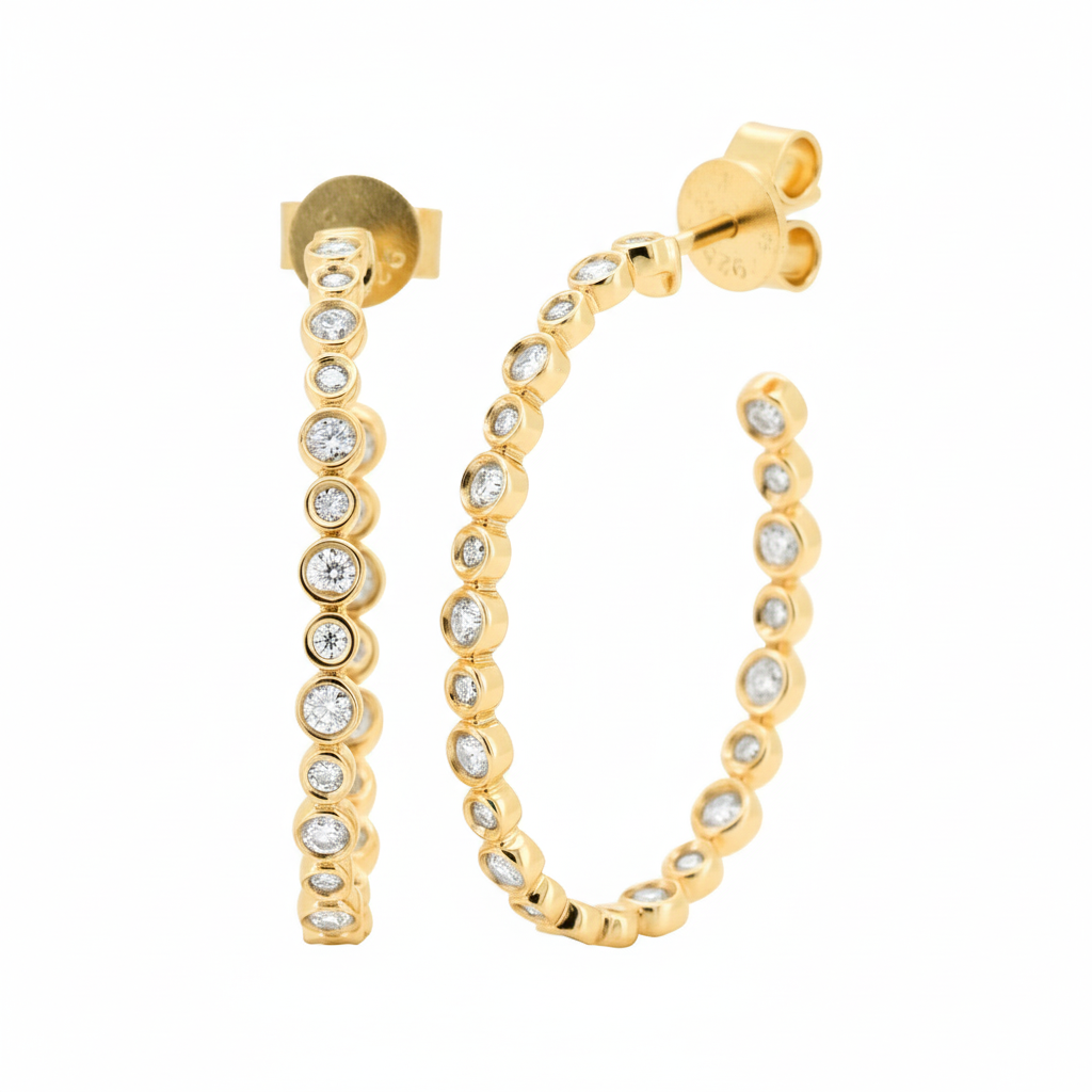 14K Gold Plated Silver Hoop | 1 CTW Moissanite Bezel Set | Dainty Diamond Look Earrings | Gift for Her | Everyday Jewelry