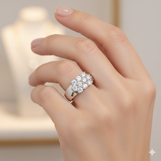 14K Gold Plated Silver Moissanite Unisex Cluster Ring 10 Round Moissanite for Brilliant Sparkle | Prong Setting |Personalised Gift