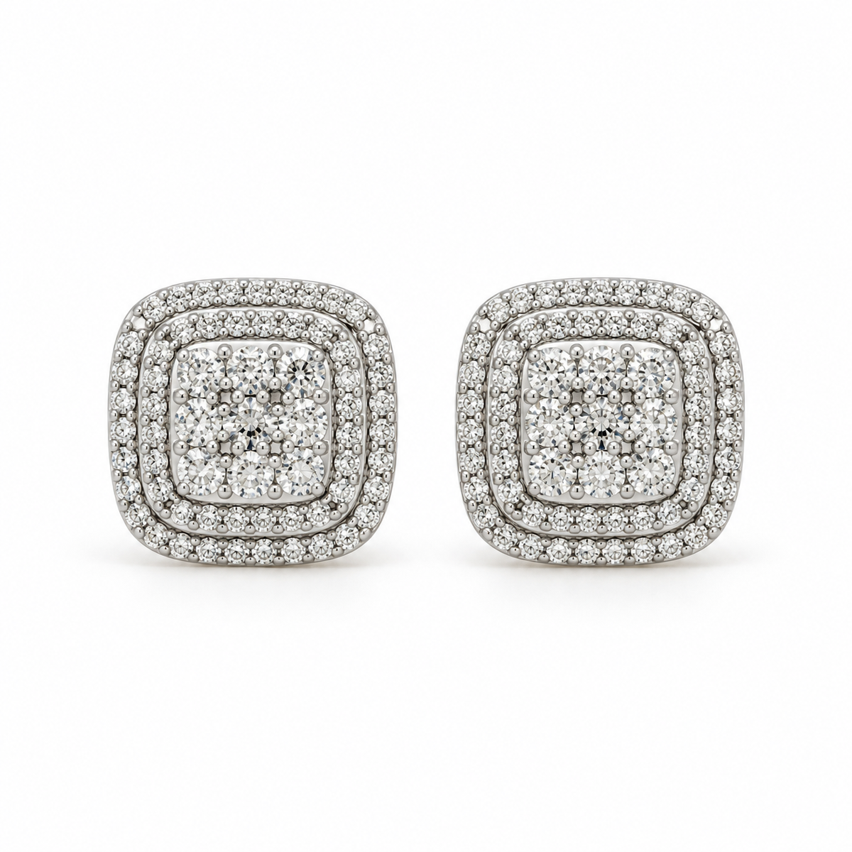 14K Yellow Gold Plated Silver Stud Earrings, Moissanite Double Halo, Round Cut Prong Set