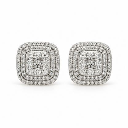 14K Yellow Gold Plated Silver Stud Earrings, Moissanite Double Halo, Round Cut Prong Set