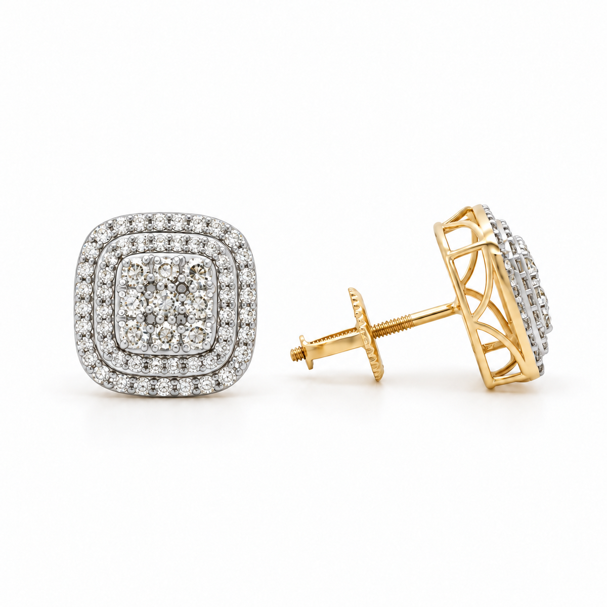 14K Yellow Gold Plated Silver Stud Earrings, Moissanite Double Halo, Round Cut Prong Set