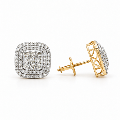 14K Yellow Gold Plated Silver Stud Earrings, Moissanite Double Halo, Round Cut Prong Set