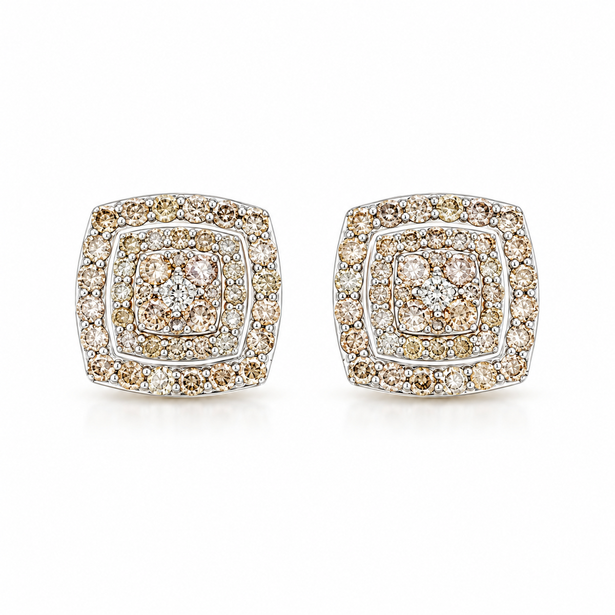 Cushion-Shaped Double Halo Stud Earrings, Round Cut Moissanite, 14K Yellow Gold Plated