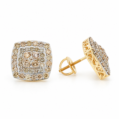 Cushion-Shaped Double Halo Stud Earrings, Round Cut Moissanite, 14K Yellow Gold Plated