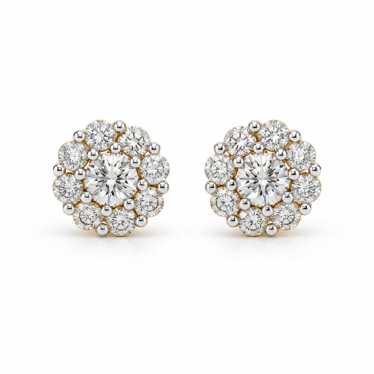 Floral Halo Cluster Stud Earrings, Round Cut Moissanite, 14K Yellow Gold Plated Silver