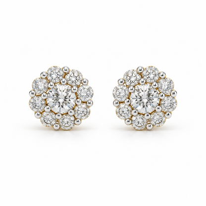 Floral Halo Cluster Stud Earrings, Round Cut Moissanite, 14K Yellow Gold Plated Silver