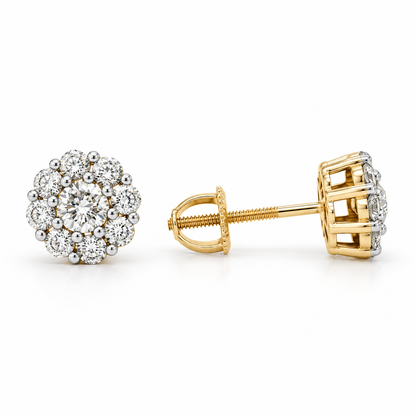 Floral Halo Cluster Stud Earrings, Round Cut Moissanite, 14K Yellow Gold Plated Silver