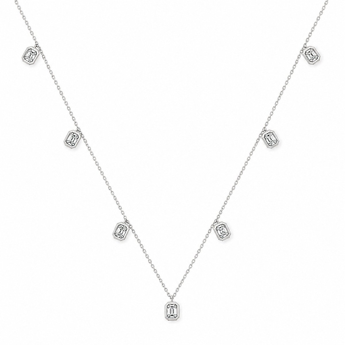 Emerald Cut Lab Grown Diamond Charm Necklace, 14K Gold Plated Silver, 7 Bezel Set Dangles, Delicate Station Jewelry Gift for Her