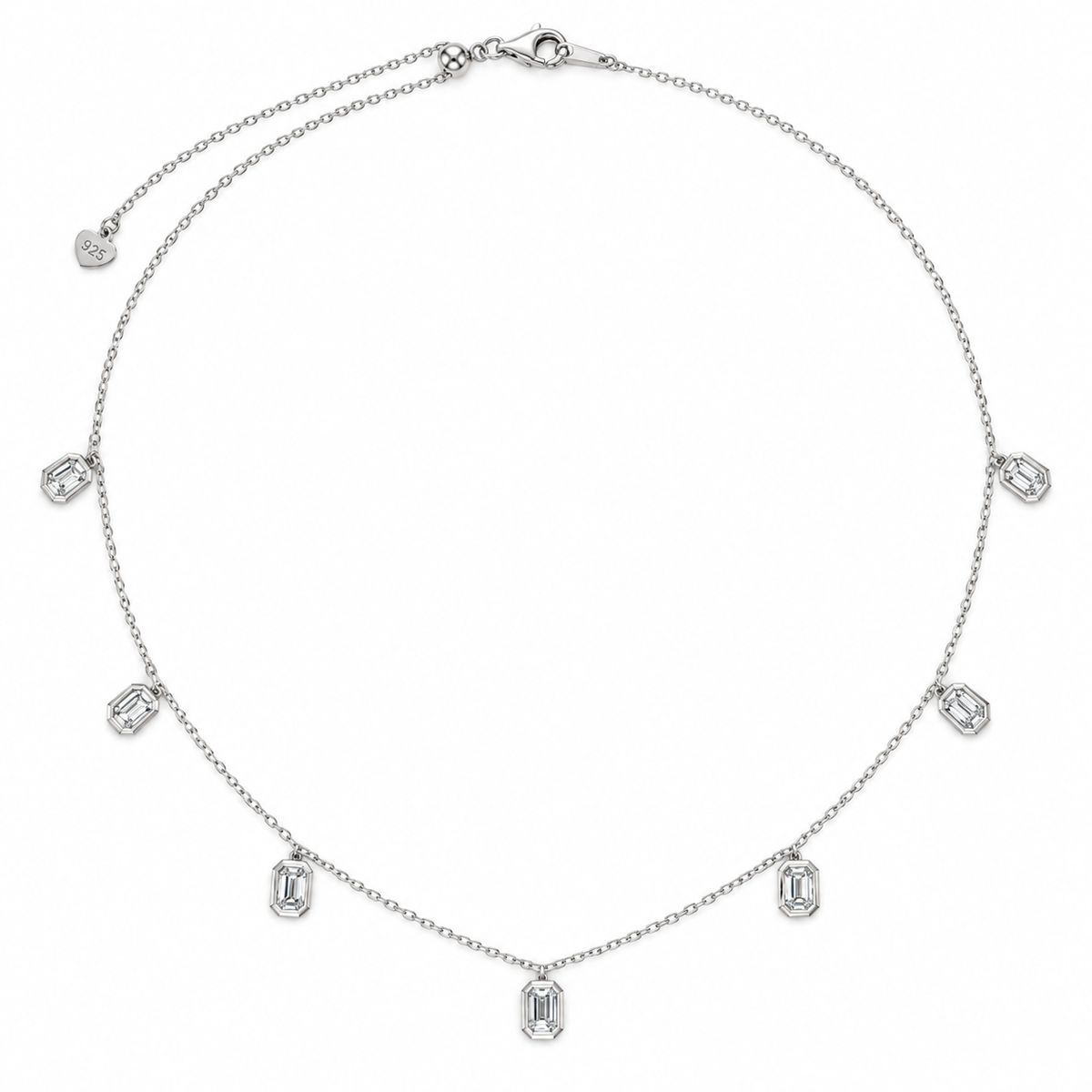 Emerald Cut Lab Grown Diamond Charm Necklace, 14K Gold Plated Silver, 7 Bezel Set Dangles, Delicate Station Jewelry Gift for Her