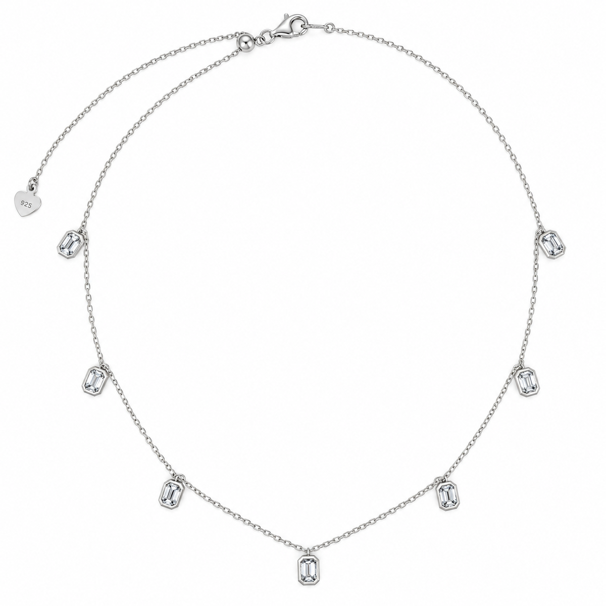 Emerald Cut Lab Grown Diamond Charm Necklace, 14K Gold Plated Silver, 7 Bezel Set Dangles, Delicate Station Jewelry Gift for Her