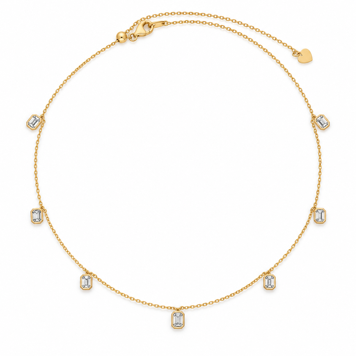 Emerald Cut Lab Grown Diamond Charm Necklace, 14K Gold Plated Silver, 7 Bezel Set Dangles, Delicate Station Jewelry Gift for Her