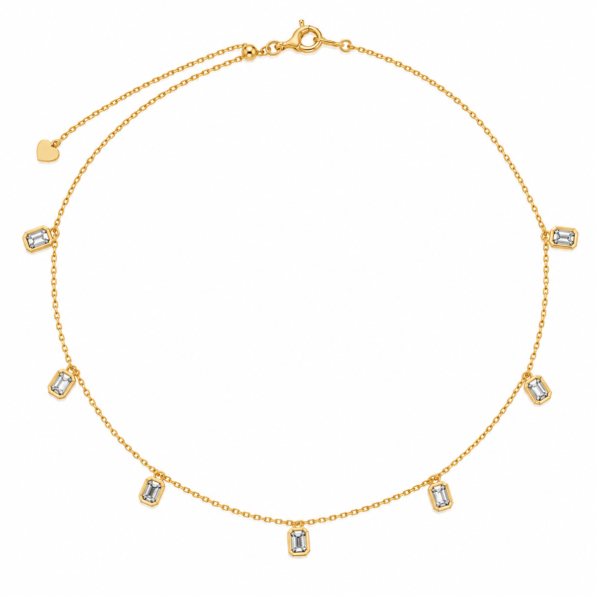 Emerald Cut Lab Grown Diamond Charm Necklace, 14K Gold Plated Silver, 7 Bezel Set Dangles, Delicate Station Jewelry Gift for Her