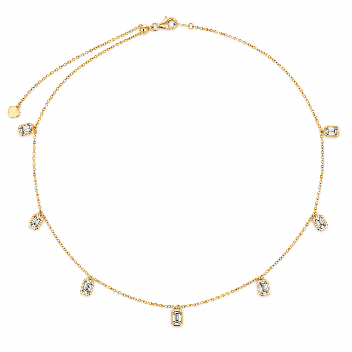 Emerald Cut Lab Grown Diamond Charm Necklace, 14K Gold Plated Silver, 7 Bezel Set Dangles, Delicate Station Jewelry Gift for Her