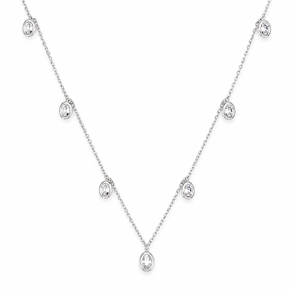 Seven Stone Dangling Diamond Charm Necklace, 14K Gold Plated, Oval Cut Lab Grown Diamonds