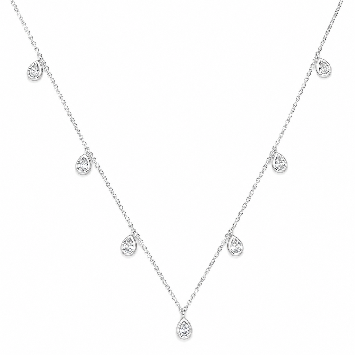 Pear Cut Lab Grown Diamond Charm Necklace, 14K Gold Plated Silver, Seven Bezel Set Dangles, 18 Inch Adjustable, Dainty Gift for Her