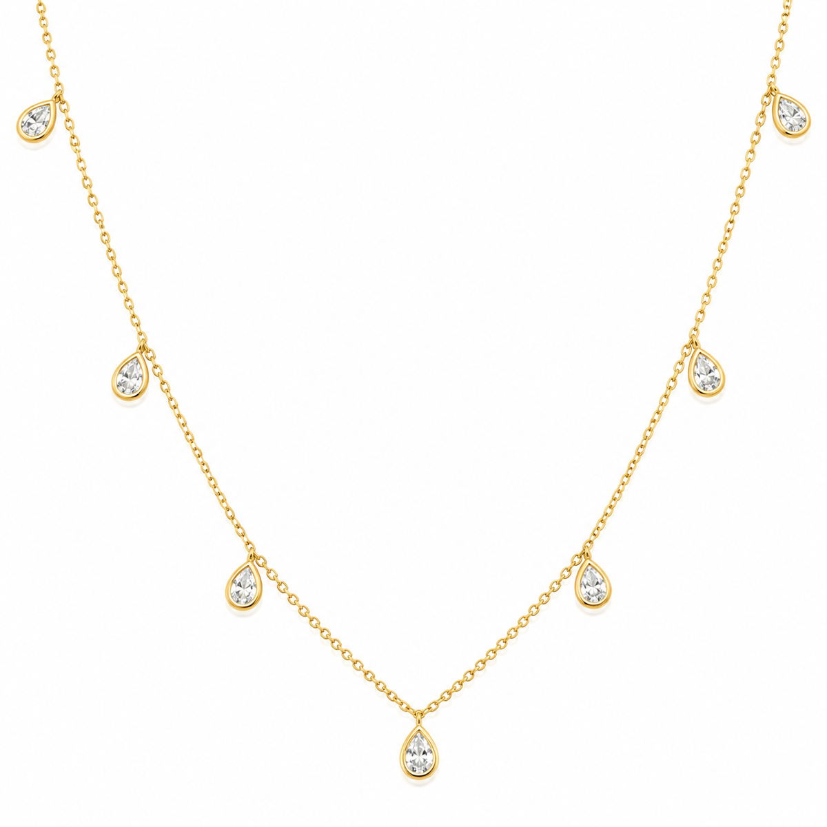 Pear Cut Lab Grown Diamond Charm Necklace, 14K Gold Plated Silver, Seven Bezel Set Dangles, 18 Inch Adjustable, Dainty Gift for Her