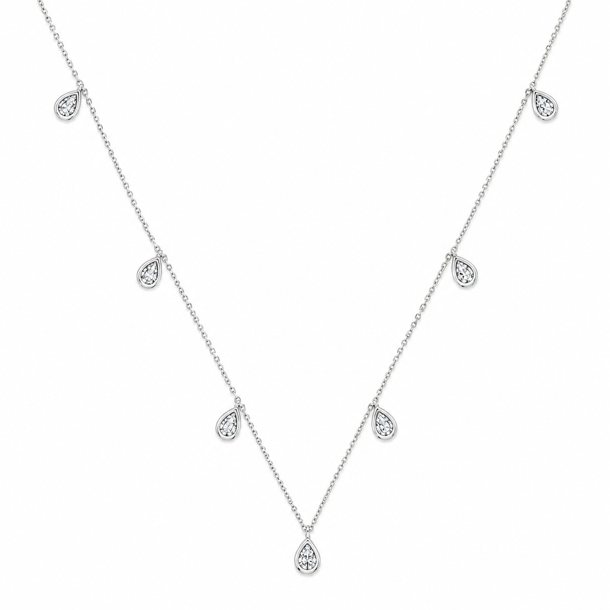 Pear Cut Lab Grown Diamond Charm Necklace, 14K Gold Plated Silver, Seven Bezel Set Dangles, 18 Inch Adjustable, Dainty Gift for Her