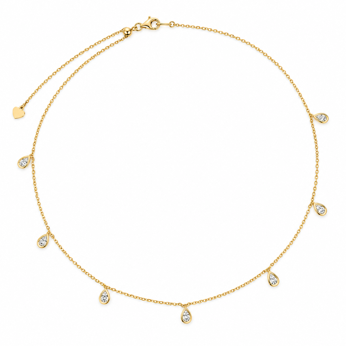 Pear Cut Lab Grown Diamond Charm Necklace, 14K Gold Plated Silver, Seven Bezel Set Dangles, 18 Inch Adjustable, Dainty Gift for Her