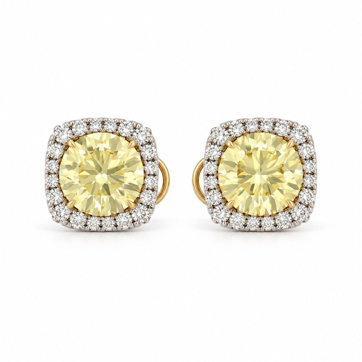 14K Yellow Gold Prong-Set Halo Stud Earrings, Round Yellow Lab Diamond, White Diamond Accent