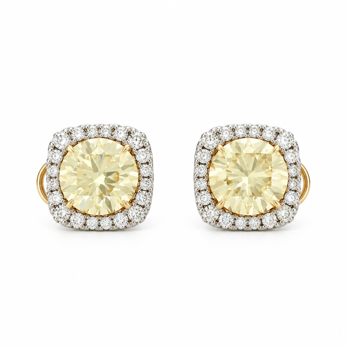 14K Yellow Gold Prong-Set Halo Stud Earrings, Round Yellow Lab Diamond, White Diamond Accent