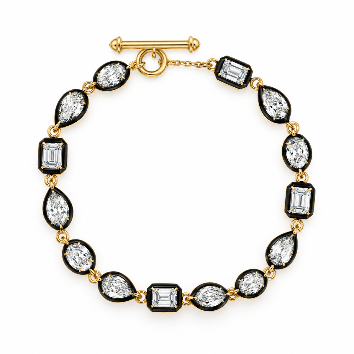 10K Yellow Gold Lab Grown Diamond Bracelet, Multi-Shape Tennis Bracelet, Black Plated Edges