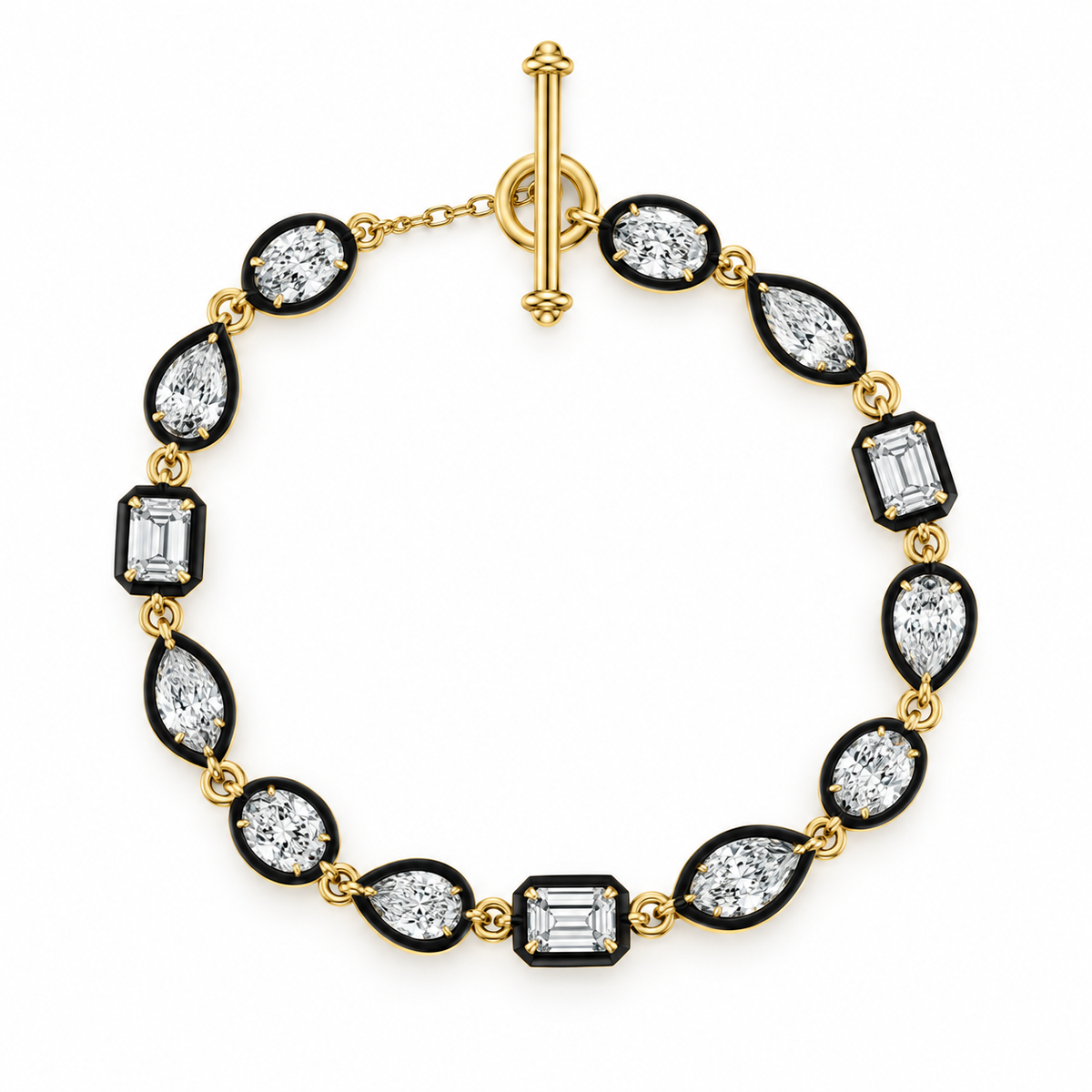 10K Yellow Gold Lab Grown Diamond Bracelet, Multi-Shape Tennis Bracelet, Black Plated Edges