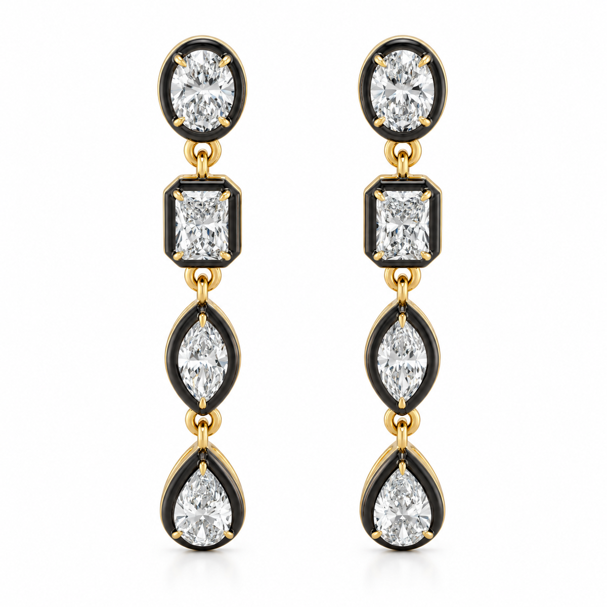 Lab Grown Diamond Dangle Earrings, 10K Yellow Gold, Black Plated Edges |3 CTW Multi Shape