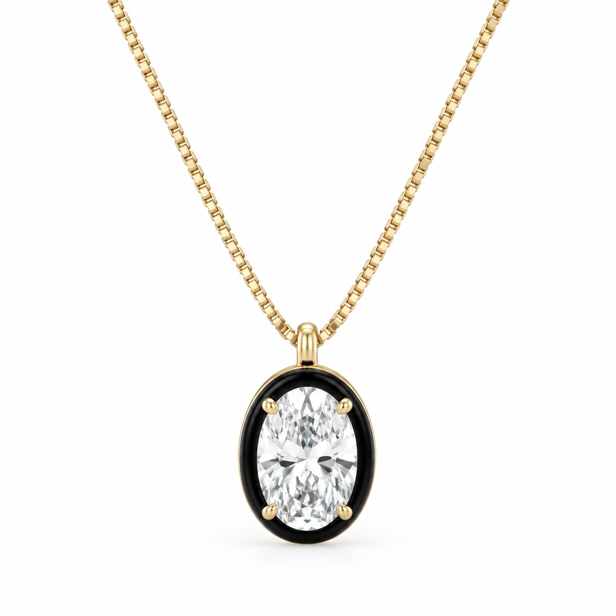 10K Yellow Gold Oval Lab Grown Diamond Pendant Necklace, Prong Set, Black Plated Edges