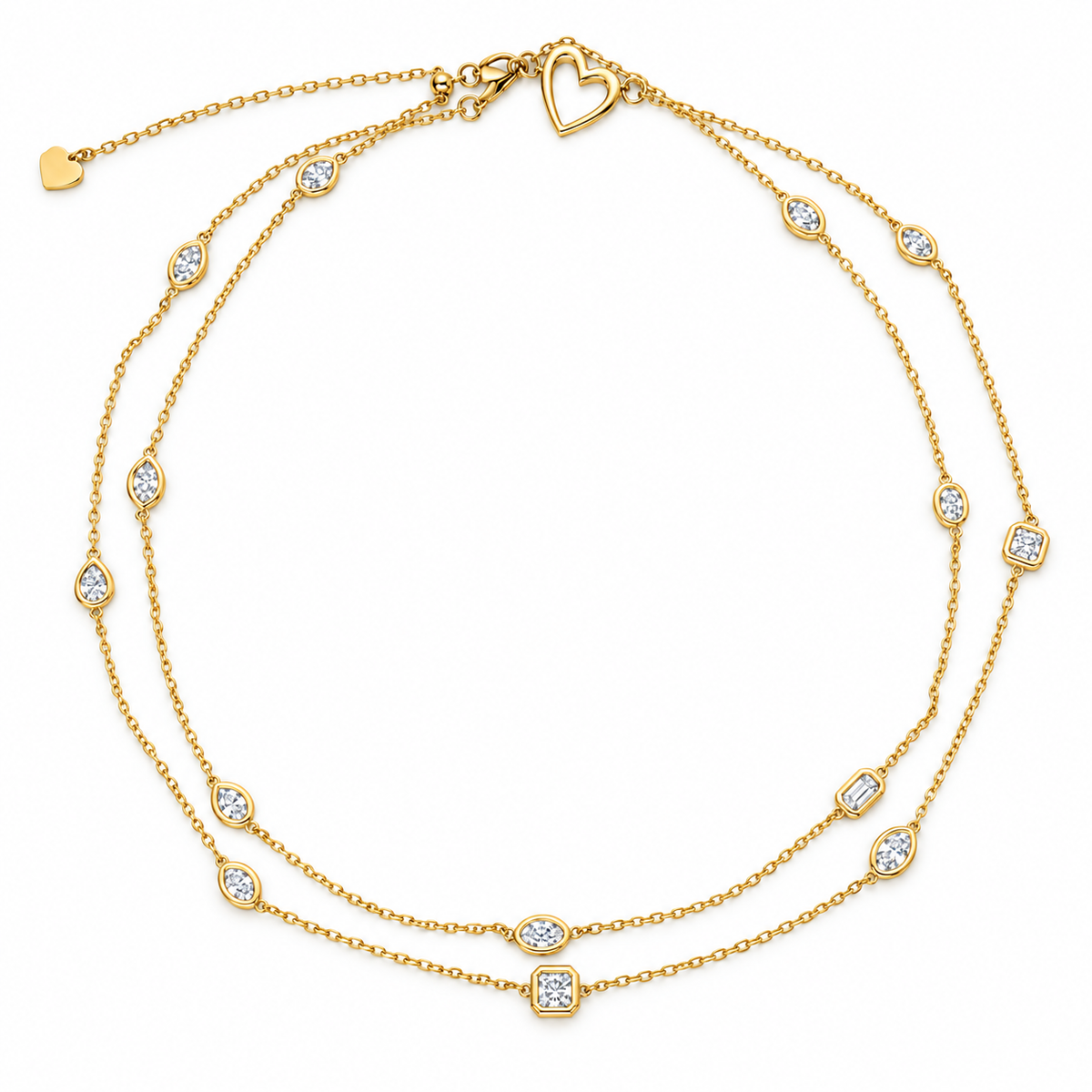 Double Layer Diamond Station Necklace, 10K Yellow Gold, Multi Shape Lab Grown Diamond