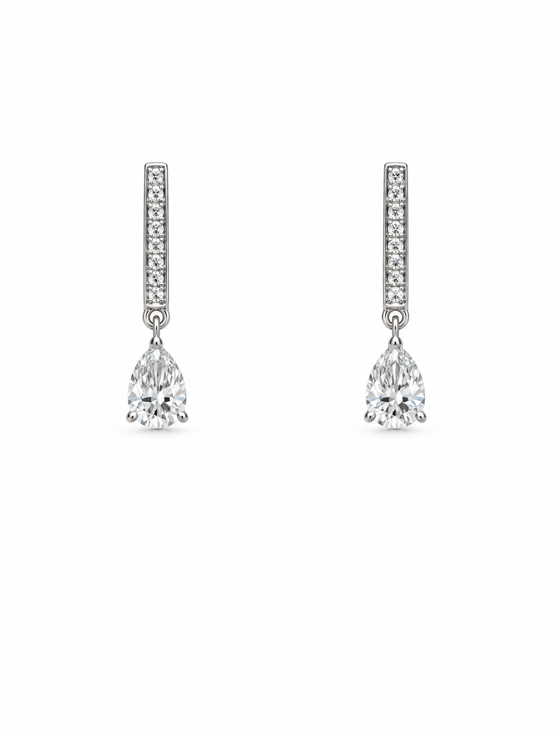 10K White Gold Lab Grown Diamond Dangle Earrings, Pear Cut and Round Bar
