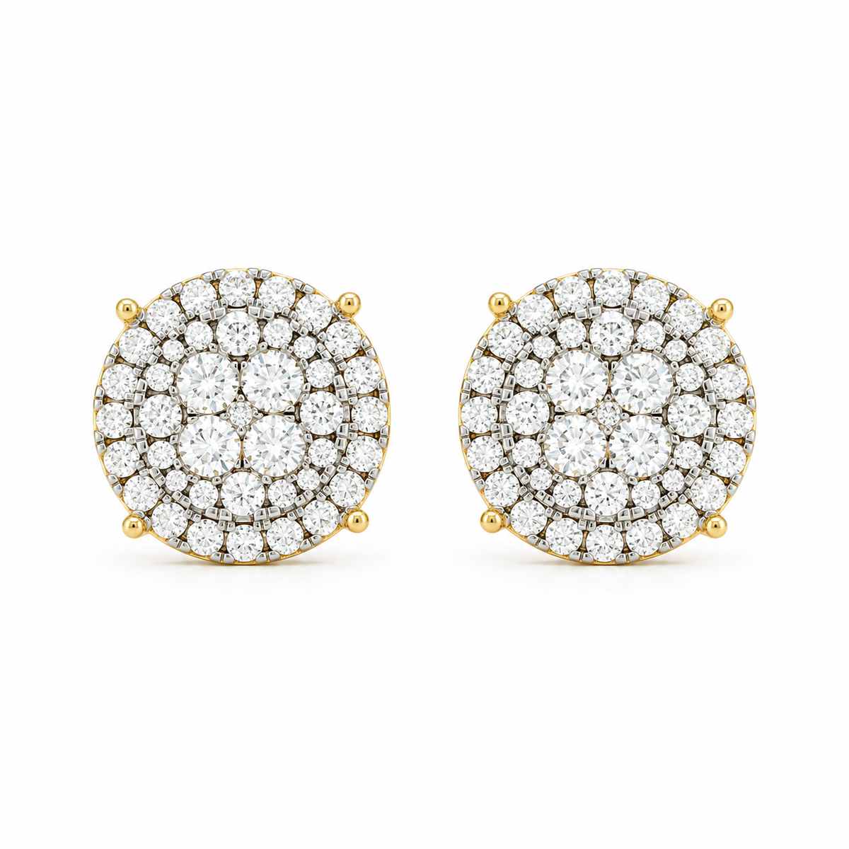 Floral Cluster Stud Earrings: Round Moissanite, 14K Yellow Gold Plated Silver, GIS Certified