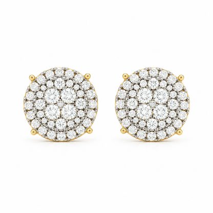 Floral Cluster Stud Earrings: Round Moissanite, 14K Yellow Gold Plated Silver, GIS Certified