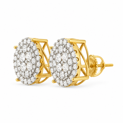Floral Cluster Stud Earrings: Round Moissanite, 14K Yellow Gold Plated Silver, GIS Certified