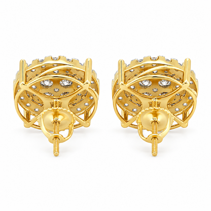 Floral Cluster Stud Earrings: Round Moissanite, 14K Yellow Gold Plated Silver, GIS Certified