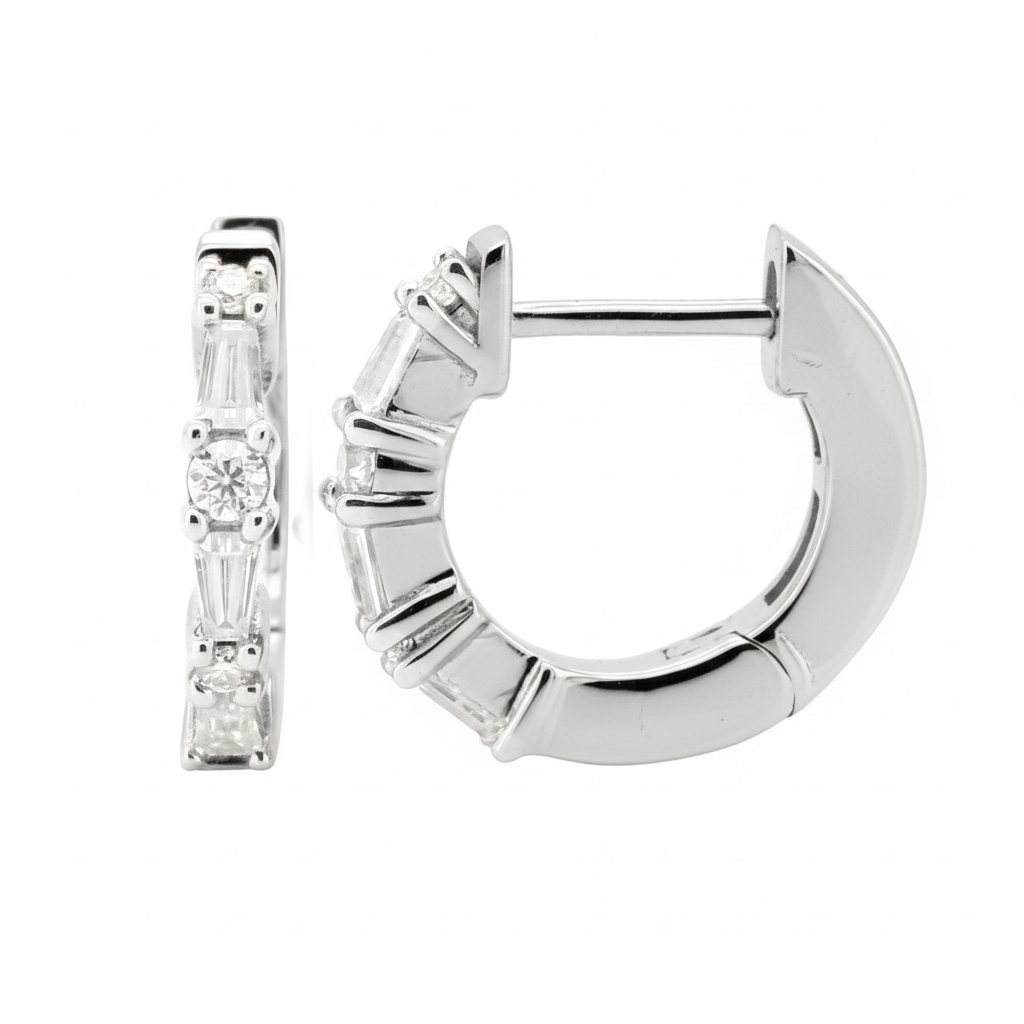 Moissanite Huggie Hoop Earrings, 14K Gold Plated Sterling Silver, Minimalist Ear Stack