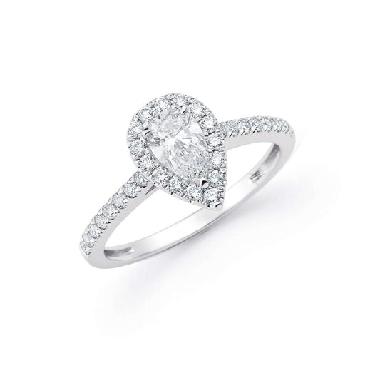 0.9ctw Pear Lab Grown Diamond Halo Pave Set Engagement Ring in Platinum - L Line Jewelry