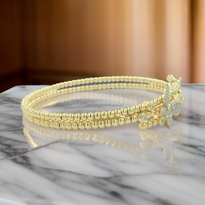 14K Gold-Plated Silver Floral Beaded Bangle | Two-Layer Statement Bracelet 2/5 CTW | Moissanite or Lab-Grown Diamond | Gift & Party Jewelry