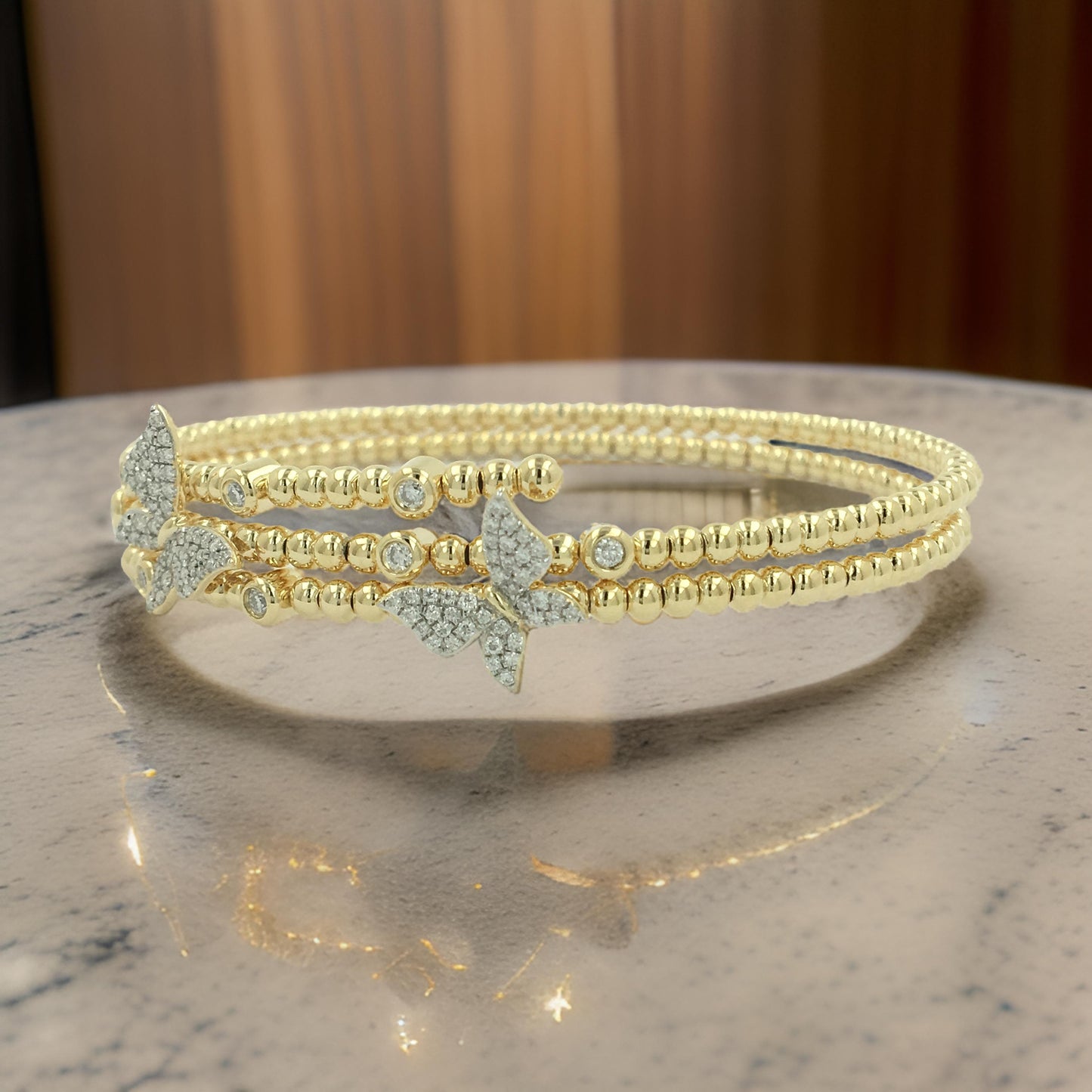 14K Gold-Plated Silver Floral Beaded Bangle | Two-Layer Statement Bracelet 2/5 CTW | Moissanite or Lab-Grown Diamond | Gift & Party Jewelry