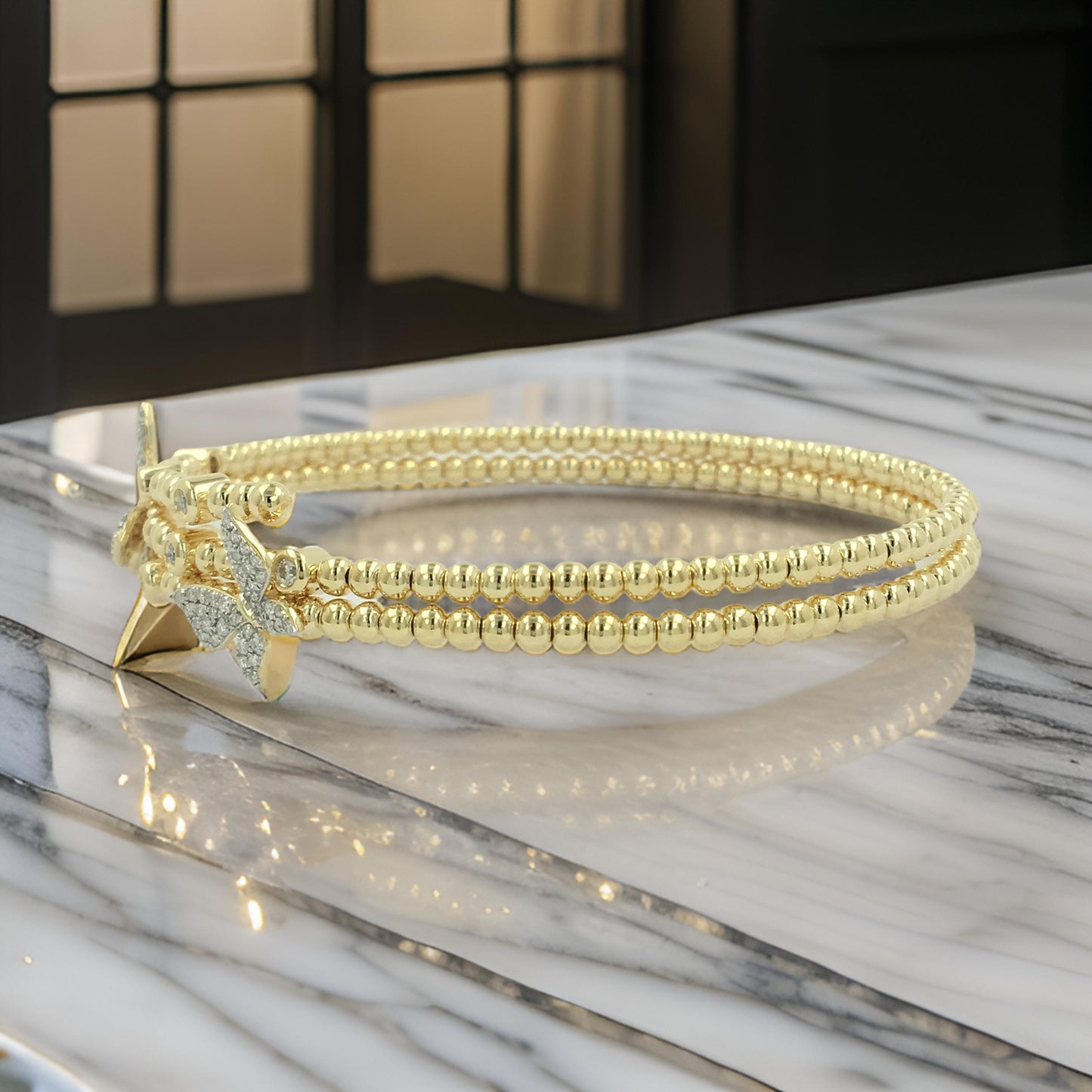 14K Gold-Plated Silver Floral Beaded Bangle | Two-Layer Statement Bracelet 2/5 CTW | Moissanite or Lab-Grown Diamond | Gift & Party Jewelry