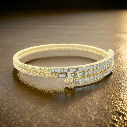 Stunning 14K Gold Plated Silver Two-Layer Beaded Bangle Bracelet | 9/10CTW Moissanite /Lab-Grown Diamond |Jewelry for Women |Gift for All Occasions