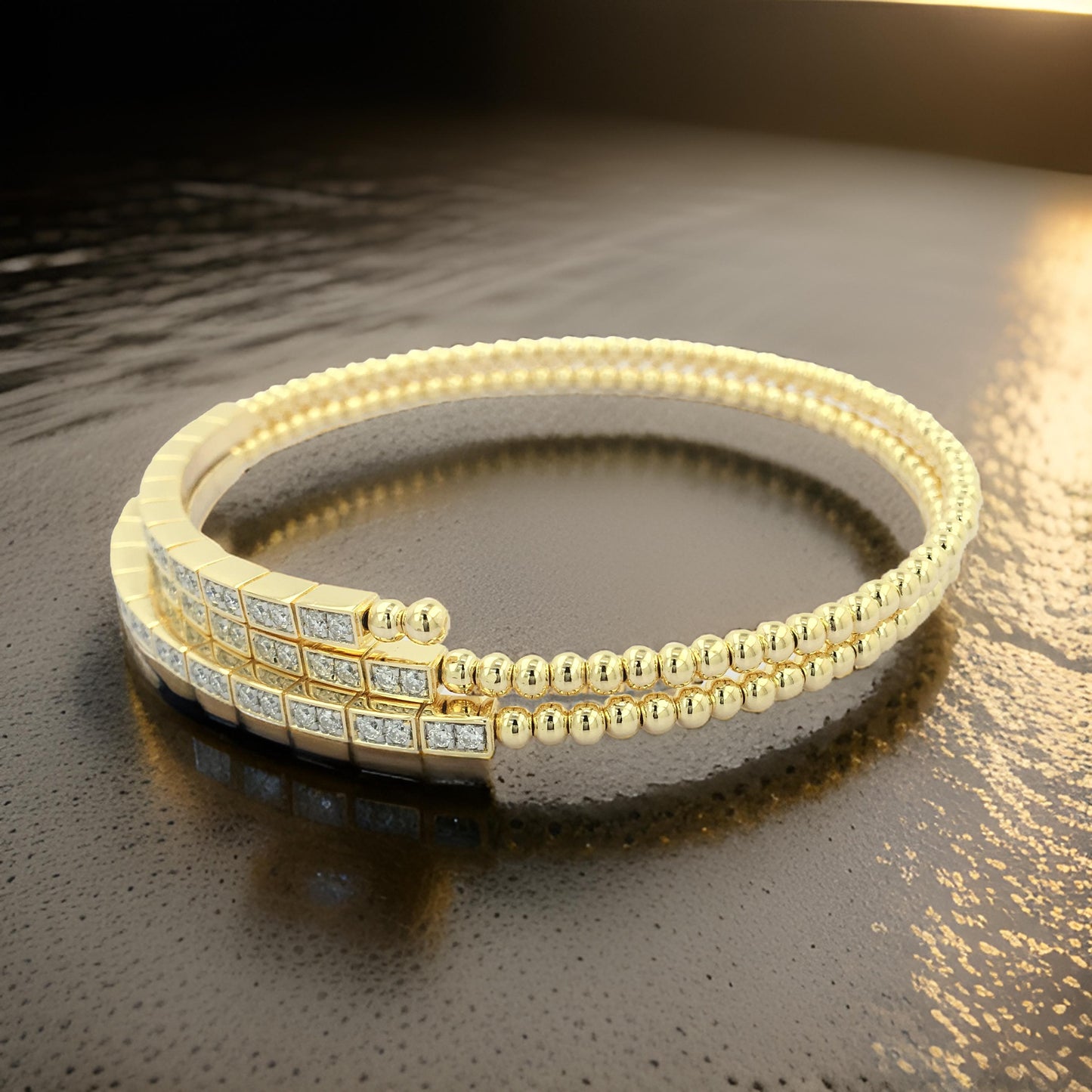 Stunning 14K Gold Plated Silver Two-Layer Beaded Bangle Bracelet | 9/10CTW Moissanite /Lab-Grown Diamond |Jewelry for Women |Gift for All Occasions