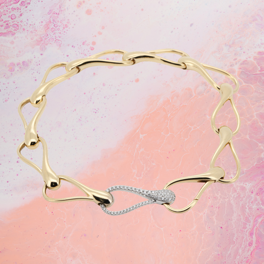 Ondina Wave Bracelet | 14K Gold Plated Silver Italian Link | Moissanite Diamond Jewelry | Elegant Gift for Her | Custom Engraving